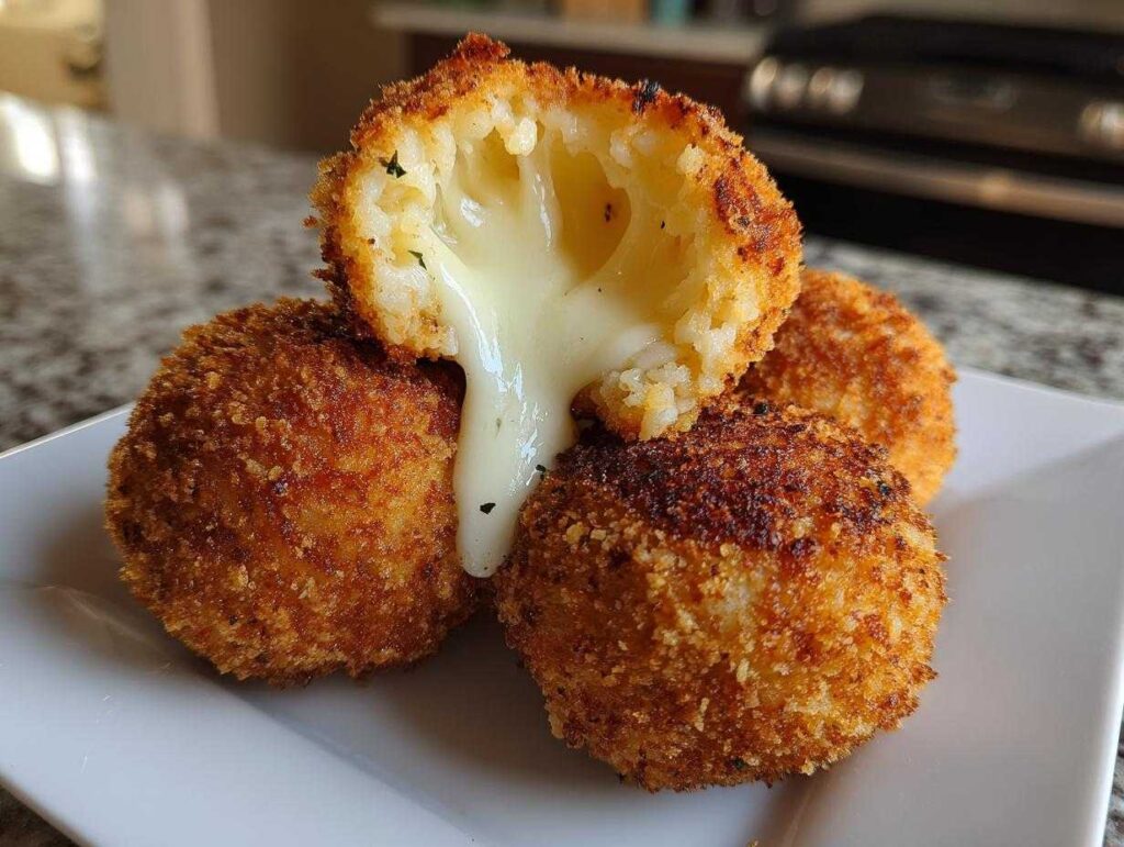 Close-up of golden brown fried rice balls, one broken open showing melted cheese oozing out.