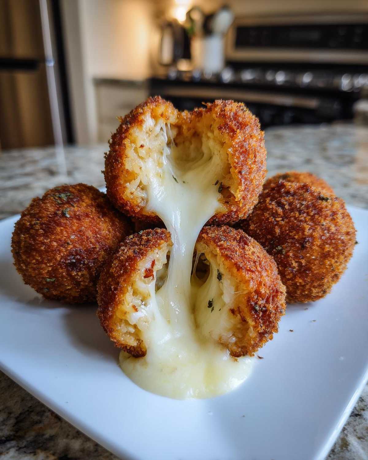 Close-up of cheesy stuffed rice balls, one split open showing a dramatic, gooey cheese pull.