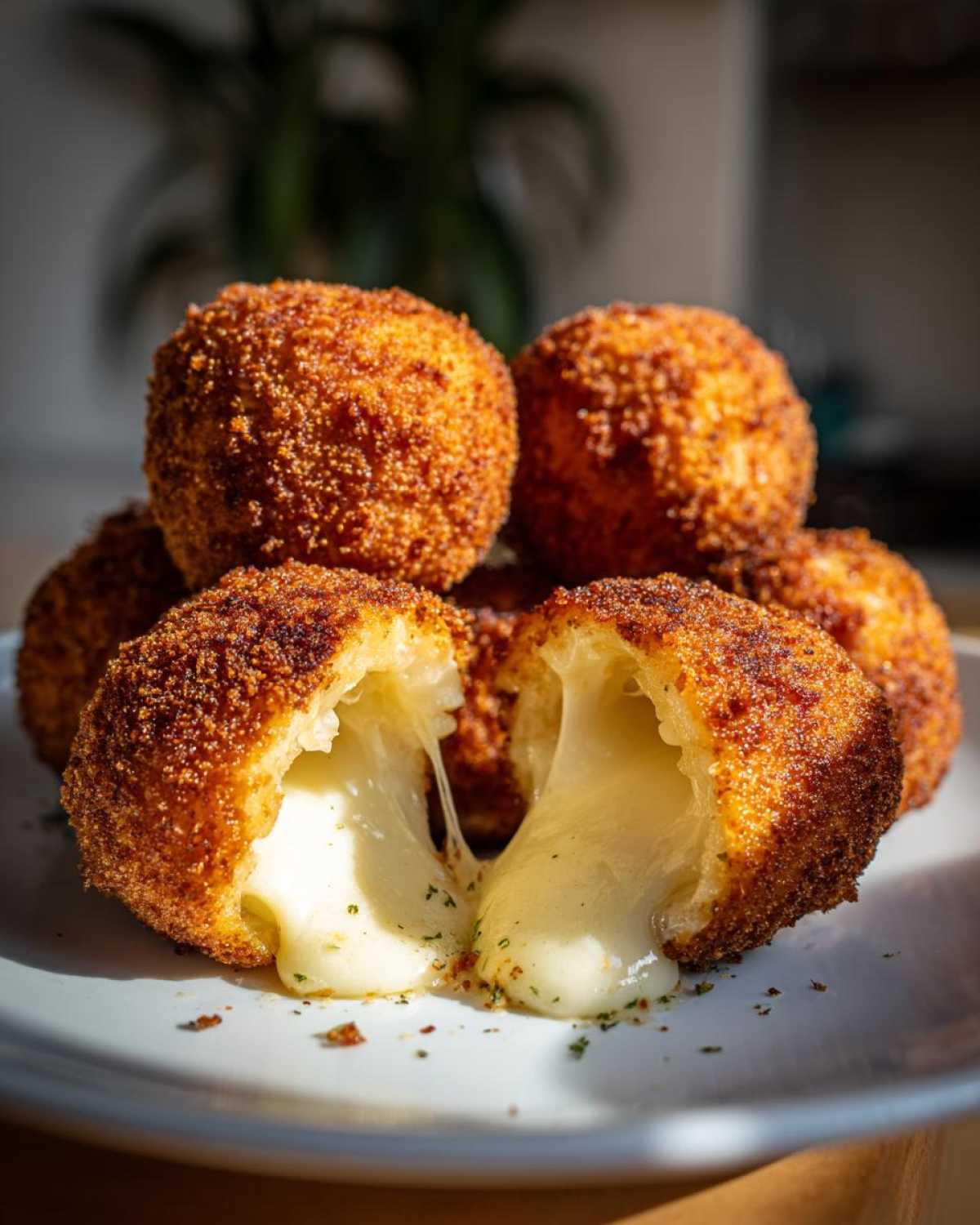 Close-up of golden brown, crispy fried rice balls, one split open revealing a dramatic, gooey cheese pull.