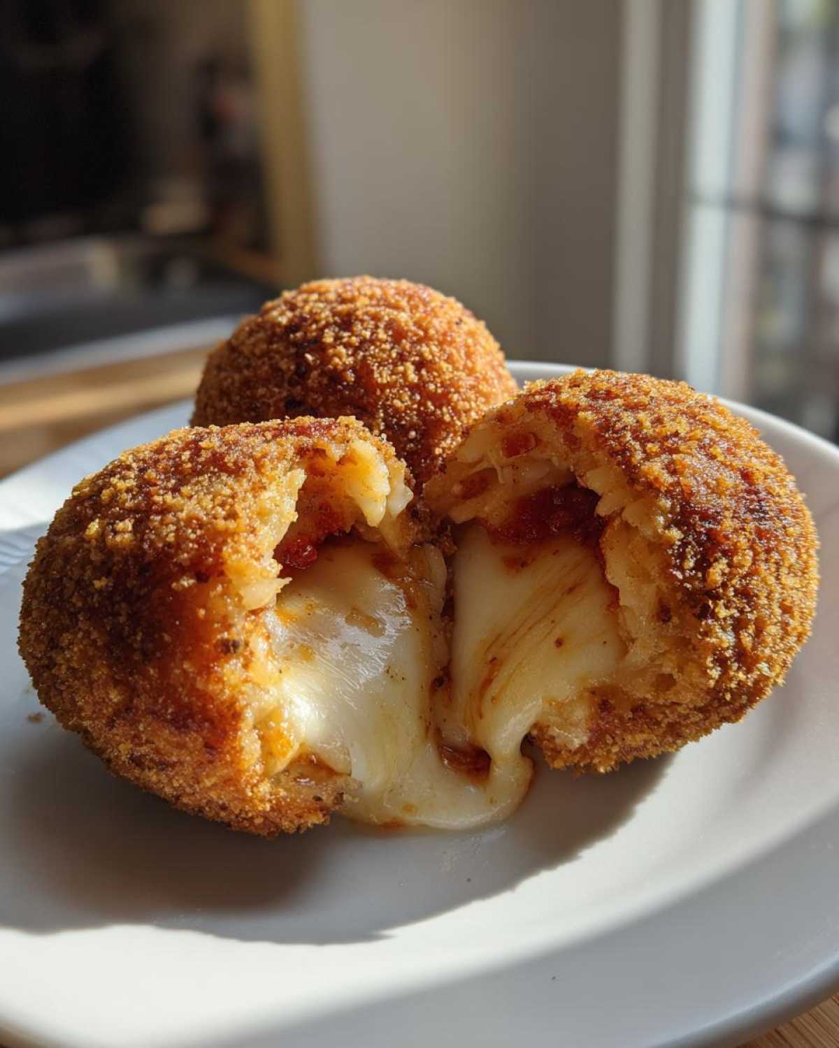 Close-up of three golden brown, fried rice balls, one cut open revealing melted mozzarella cheese filling.