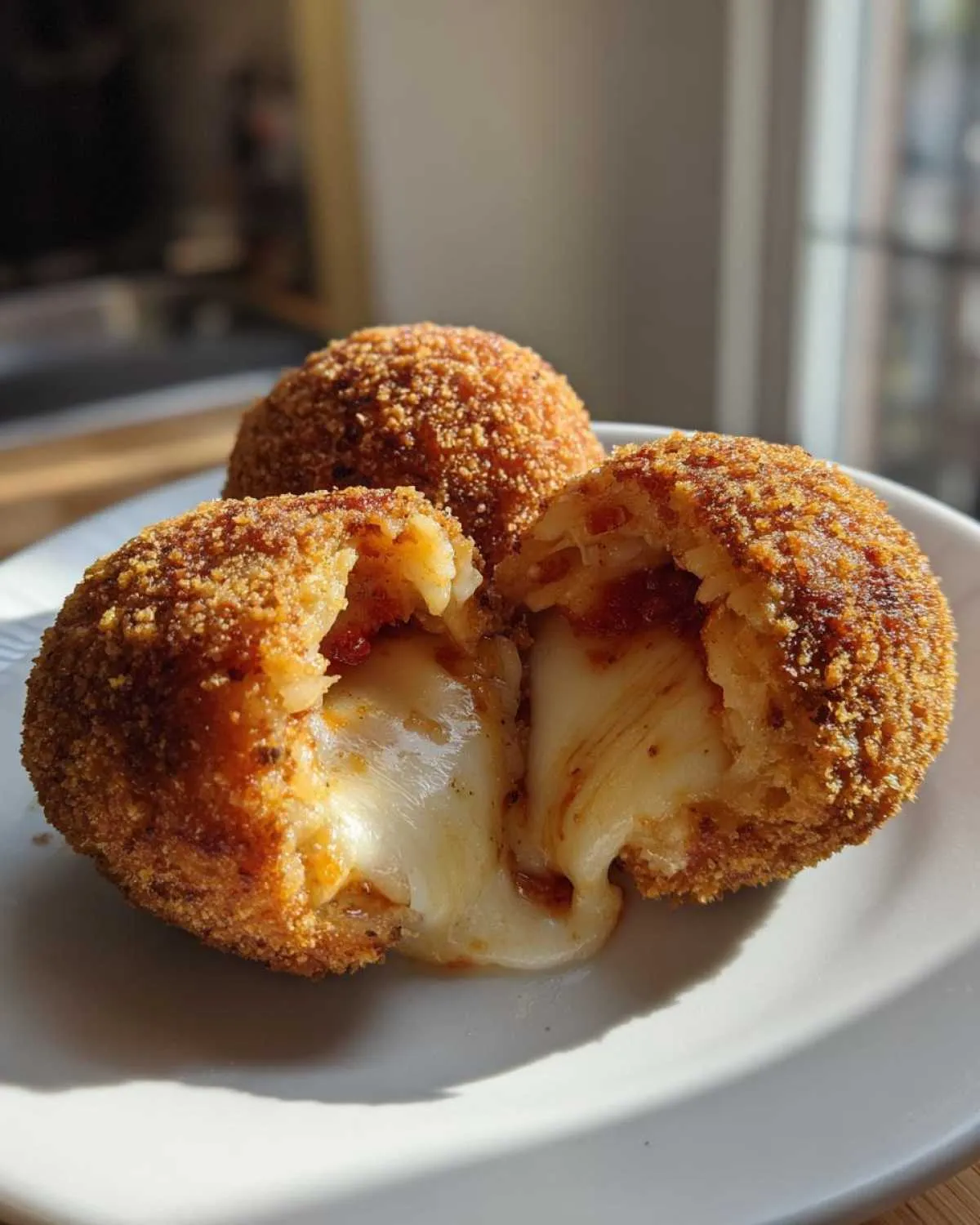 Close-up of three golden brown, fried rice balls, one cut open revealing melted mozzarella cheese filling.