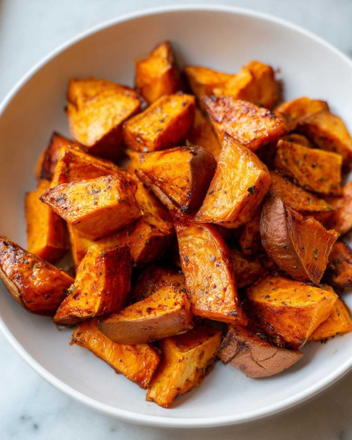 Close-up of perfectly seasoned and caramelized roasted sweet potato chunks served in a white bowl.
