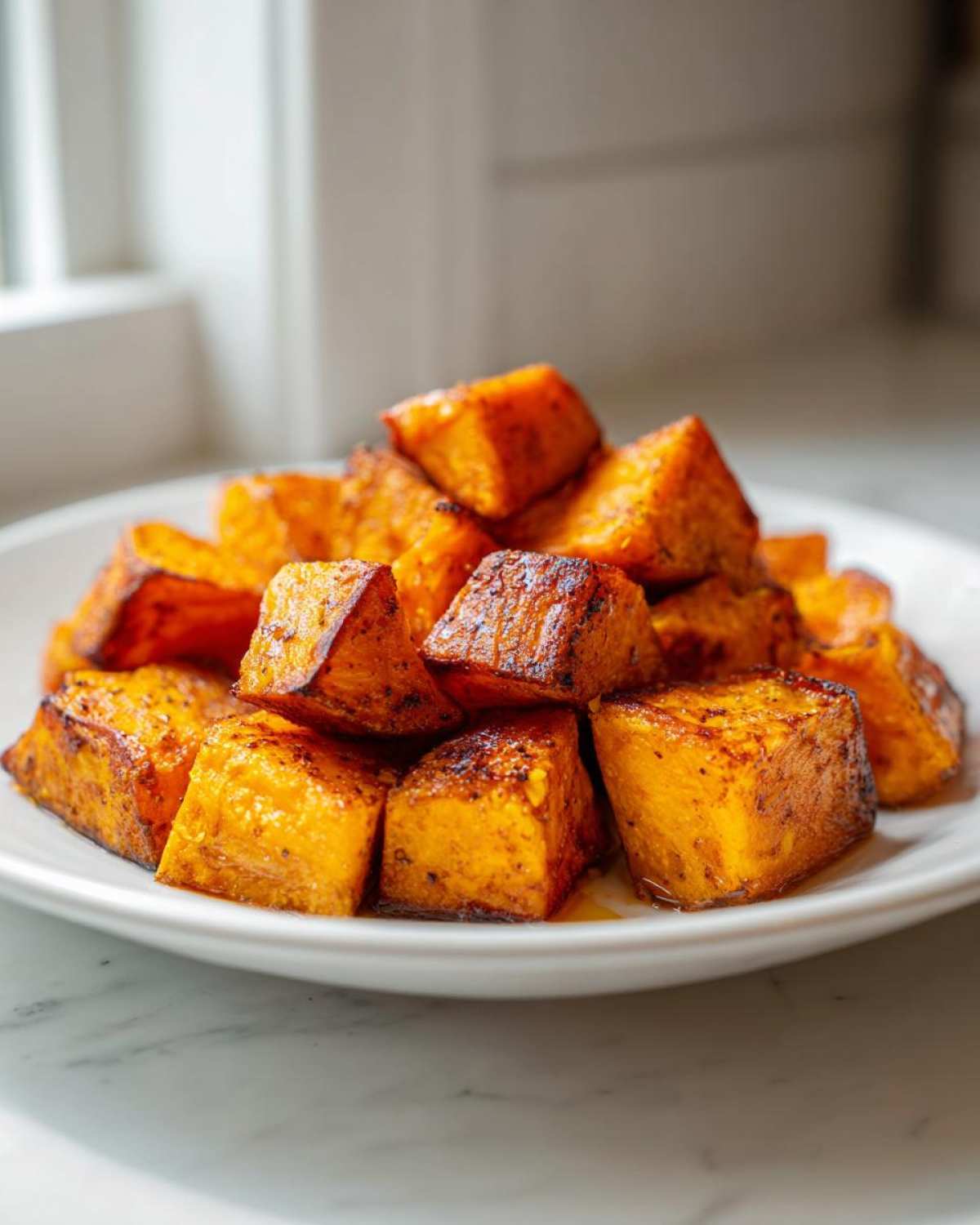A close-up of caramelized, seasoned roasted sweet potato cubes piled high on a white plate.