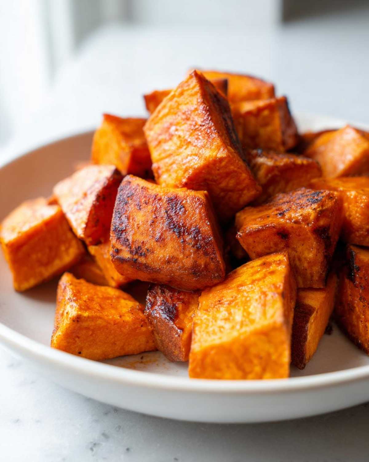 Close-up of caramelized, perfectly roasted sweet potato cubes piled high in a white bowl.