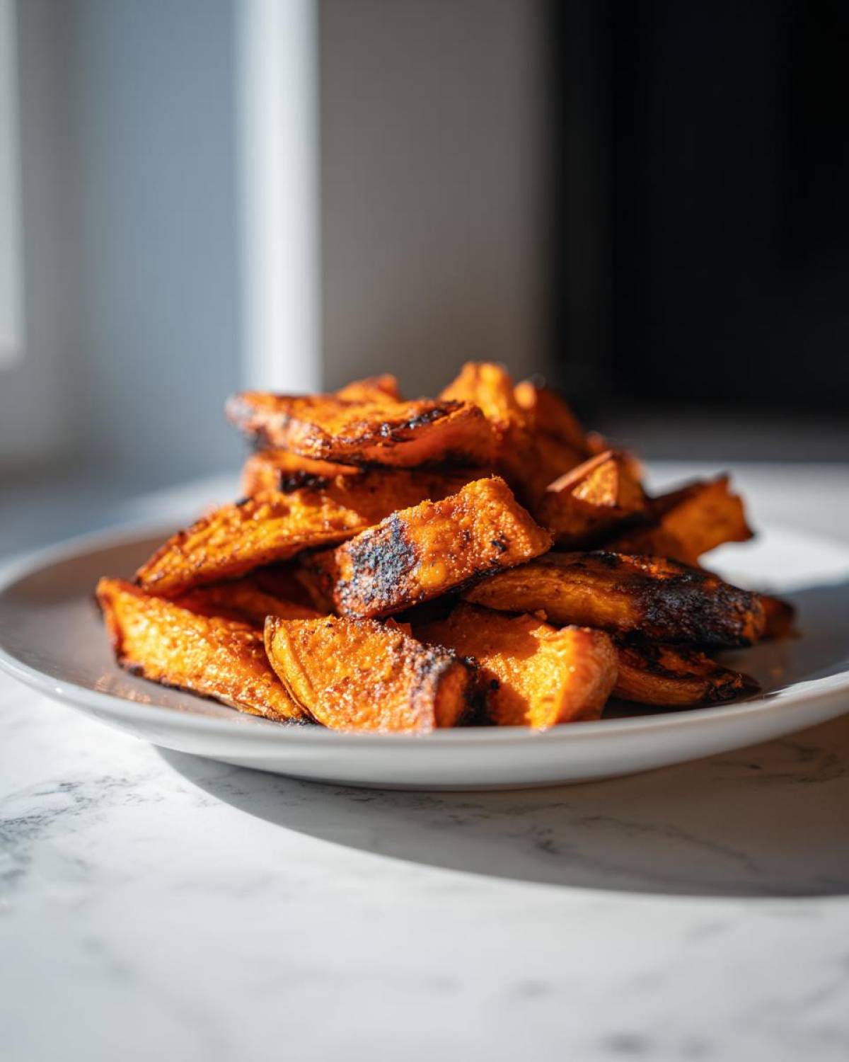 A close-up stack of perfectly caramelized and roasted sweet potato wedges on a white plate.