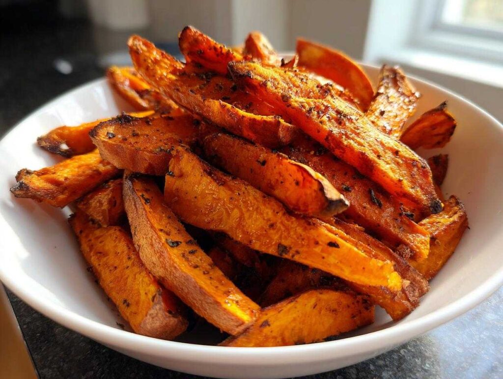 Close-up of a white bowl filled with crispy, seasoned roasted sweet potato wedges.