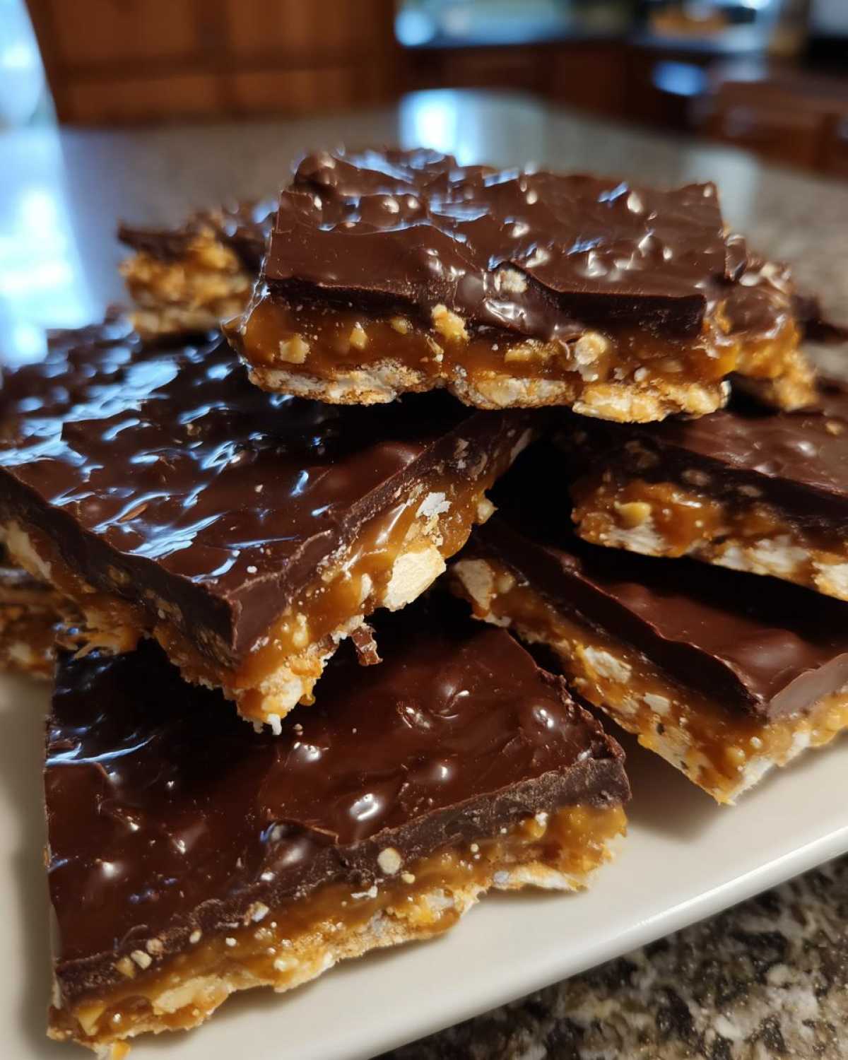 A stack of rich saltine cracker toffee pieces featuring a thick chocolate top and gooey caramel layer.