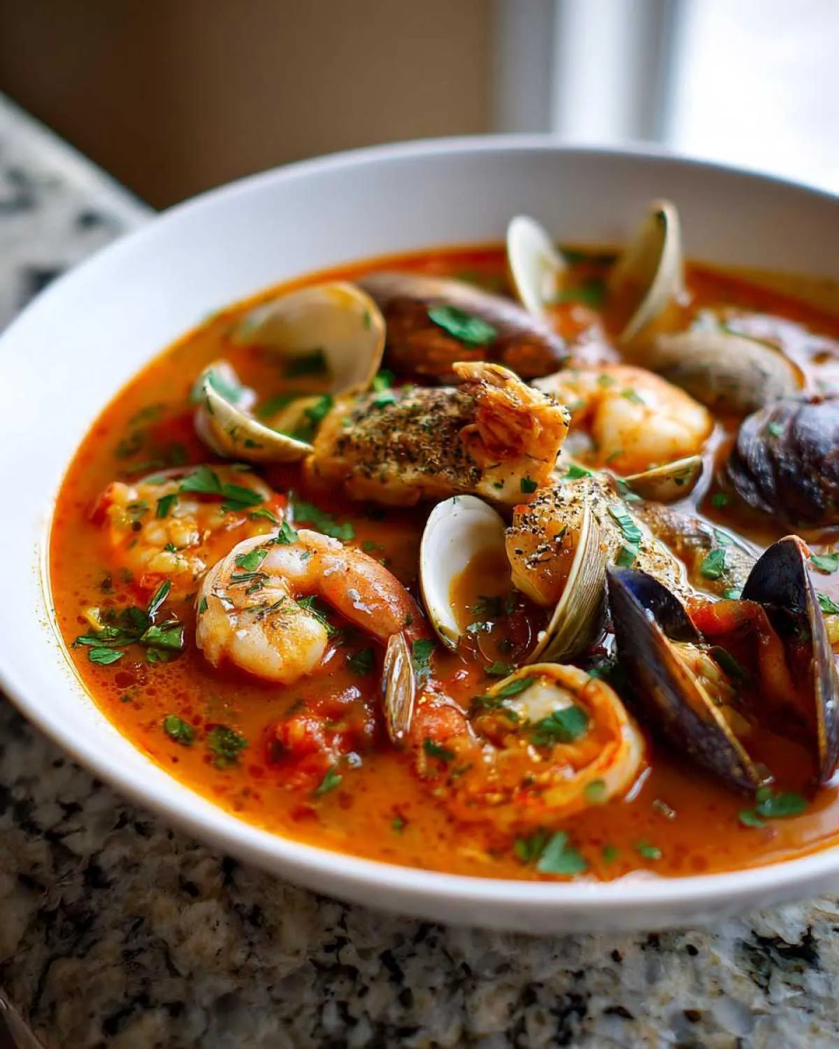 Close-up of a bowl of amazing seafood soup Cioppino filled with shrimp, clams, mussels, and rich tomato broth.