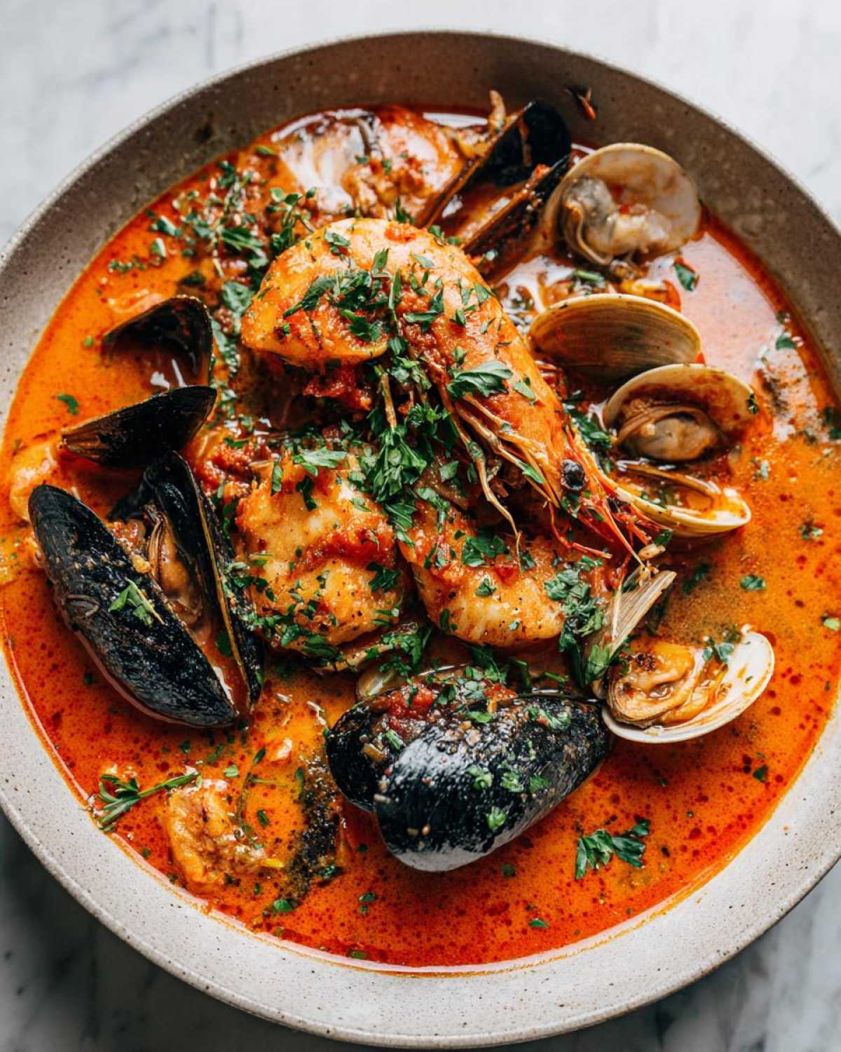 Close-up of a vibrant seafood soup (Cioppino) featuring a large prawn, mussels, clams, and white fish in a rich, orange-red broth.