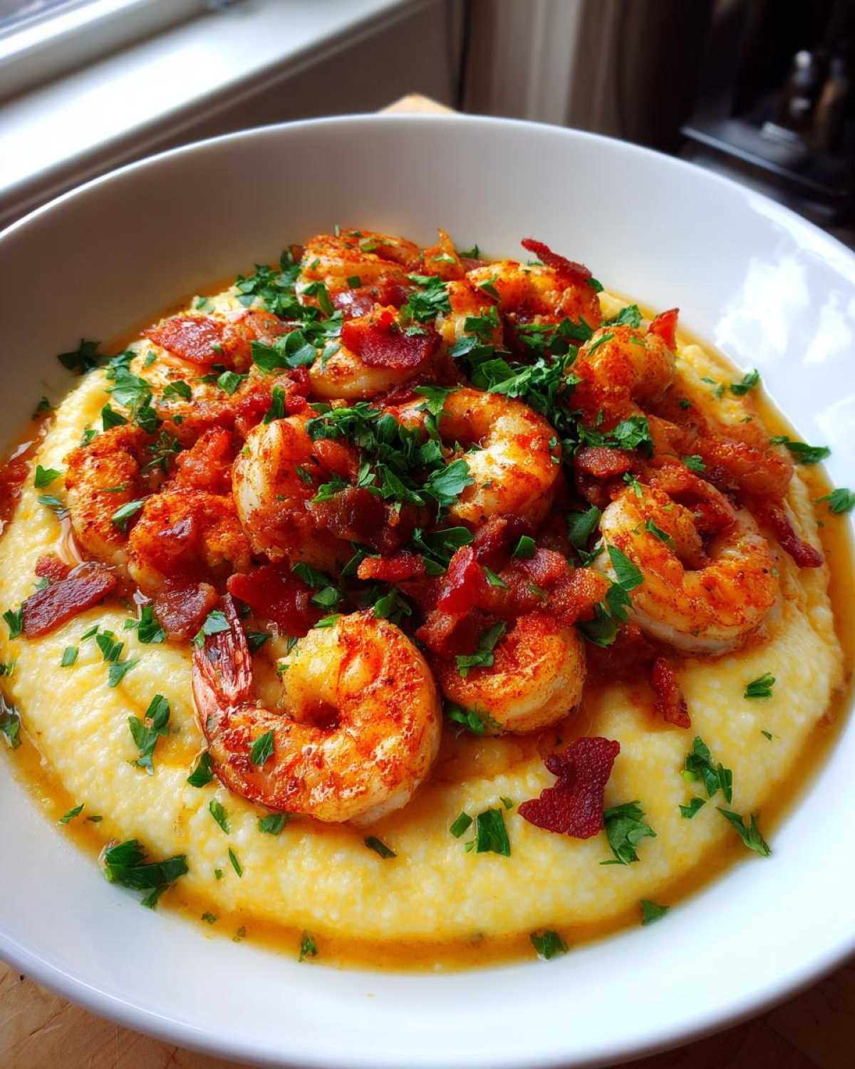 Close-up of creamy shrimp and grits topped with seasoned shrimp, bacon crumbles, and fresh parsley.