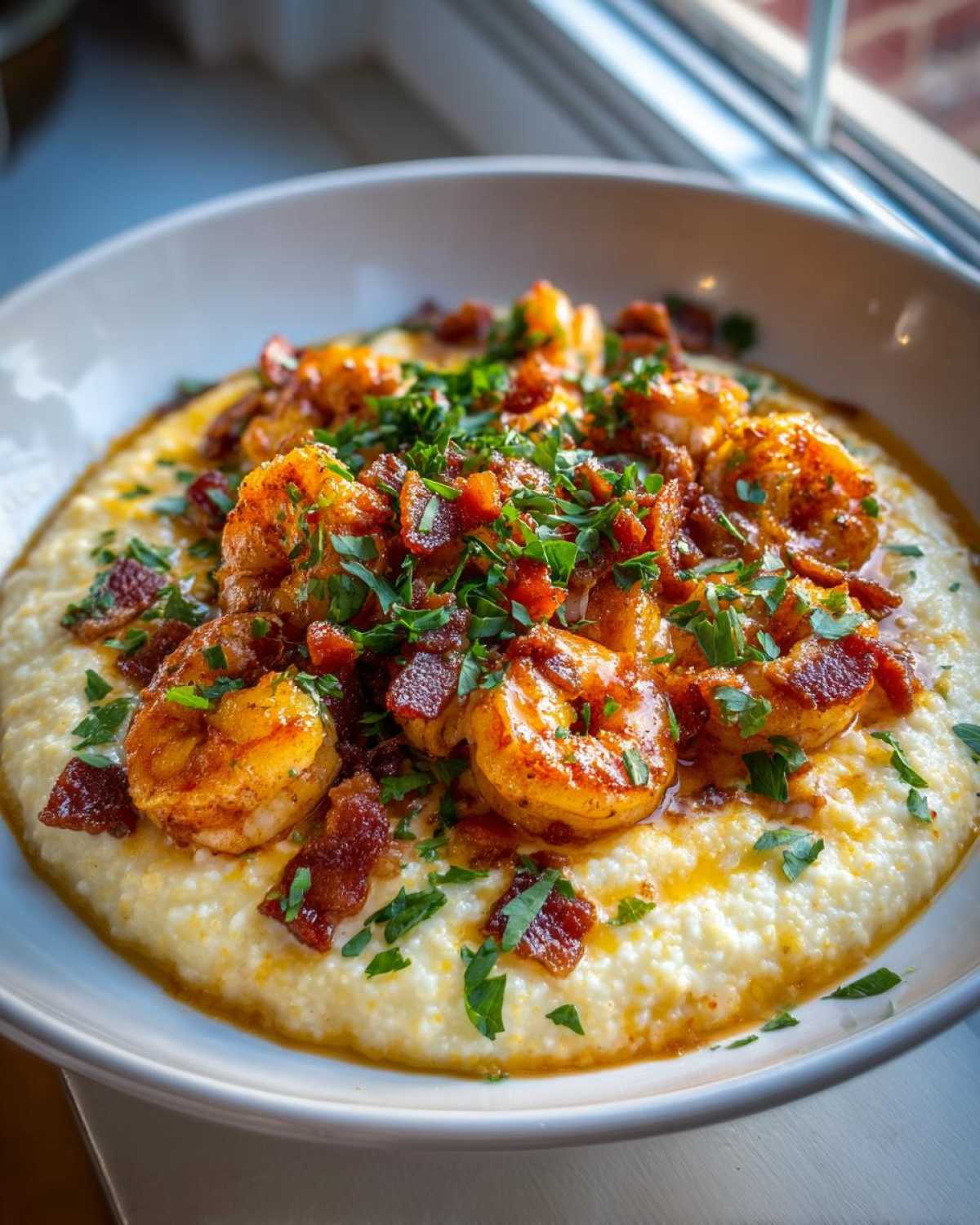 A close-up view of creamy shrimp and grits topped with seasoned shrimp, bacon crumbles, and fresh parsley.