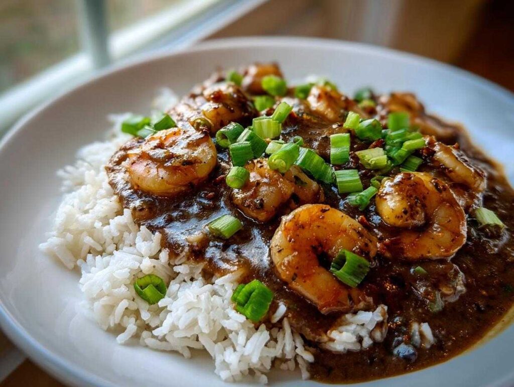 Close-up of amazing shrimp etouffee with a dark roux sauce served over fluffy white rice and topped with green onions.