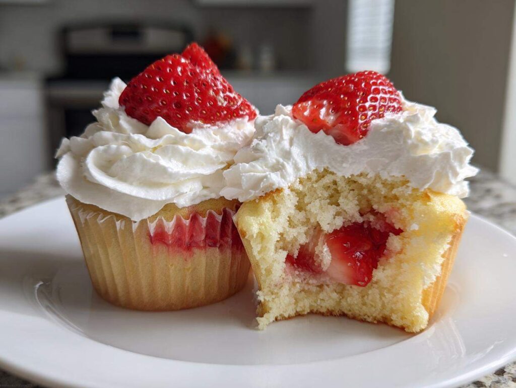 Two strawberry shortcake cupcakes on a plate, one cut open showing strawberry filling inside the cake.