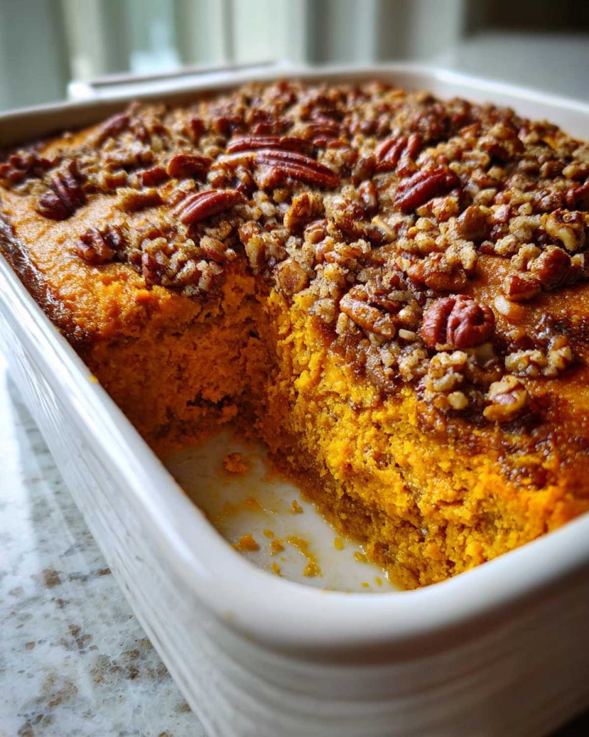 Close-up of a freshly baked sweet potato souffle in a white dish with a serving removed, topped with pecans.