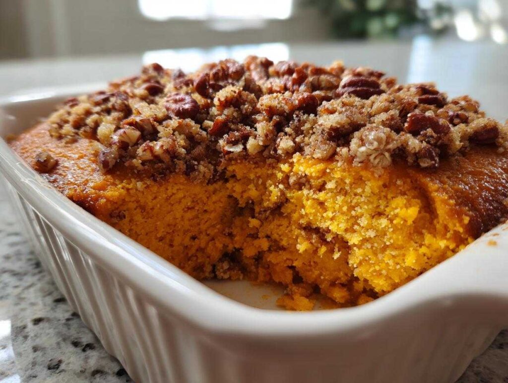 Close-up of a portion removed from a baked sweet potato souffle topped with crunchy brown sugar and pecan crumble.