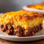 A close-up view of a hearty slice of tamale pie featuring a thick layer of seasoned ground meat topped with golden cornbread and melted cheddar cheese.