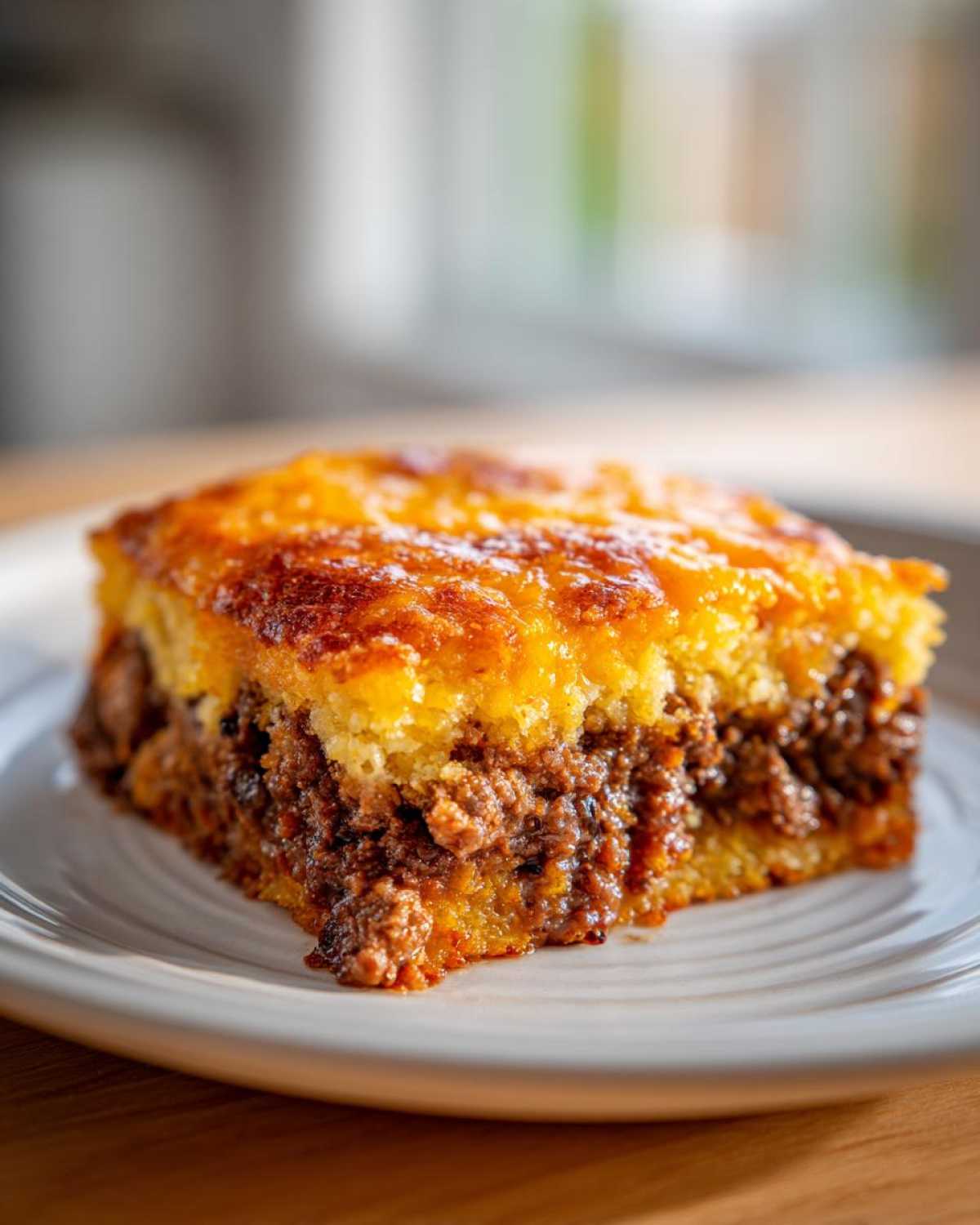 A close-up shot of a hearty slice of tamale pie showing a thick layer of seasoned ground meat filling topped with golden cornbread.