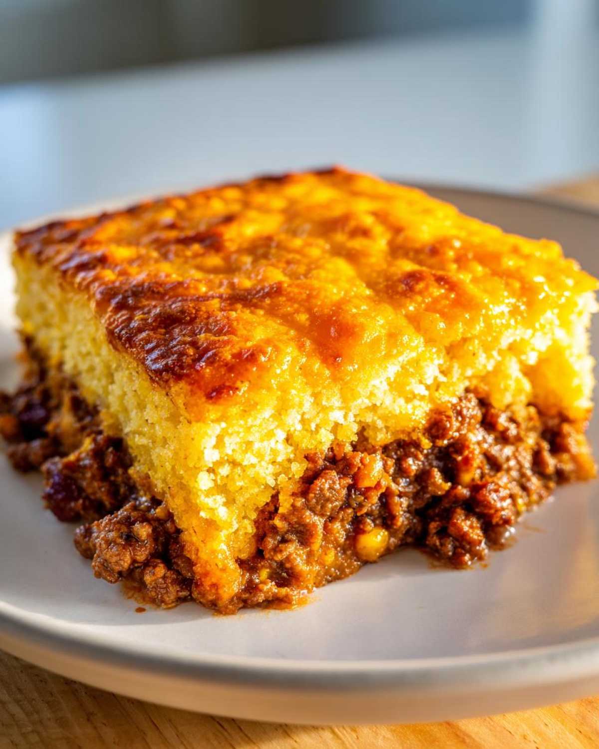 A close-up of a square slice of tamale pie showing a thick, golden cornbread topping over a rich, savory meat filling.