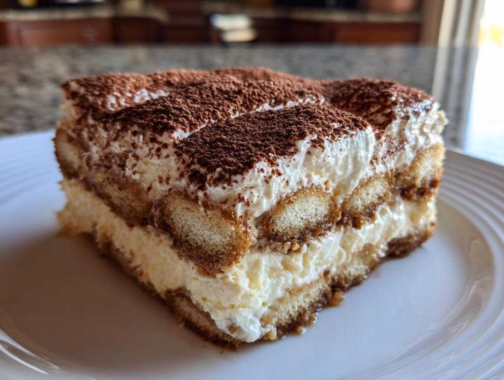 A generous slice of homemade tiramisu recipe showing layers of cream, coffee-soaked ladyfingers, and cocoa powder dusting.