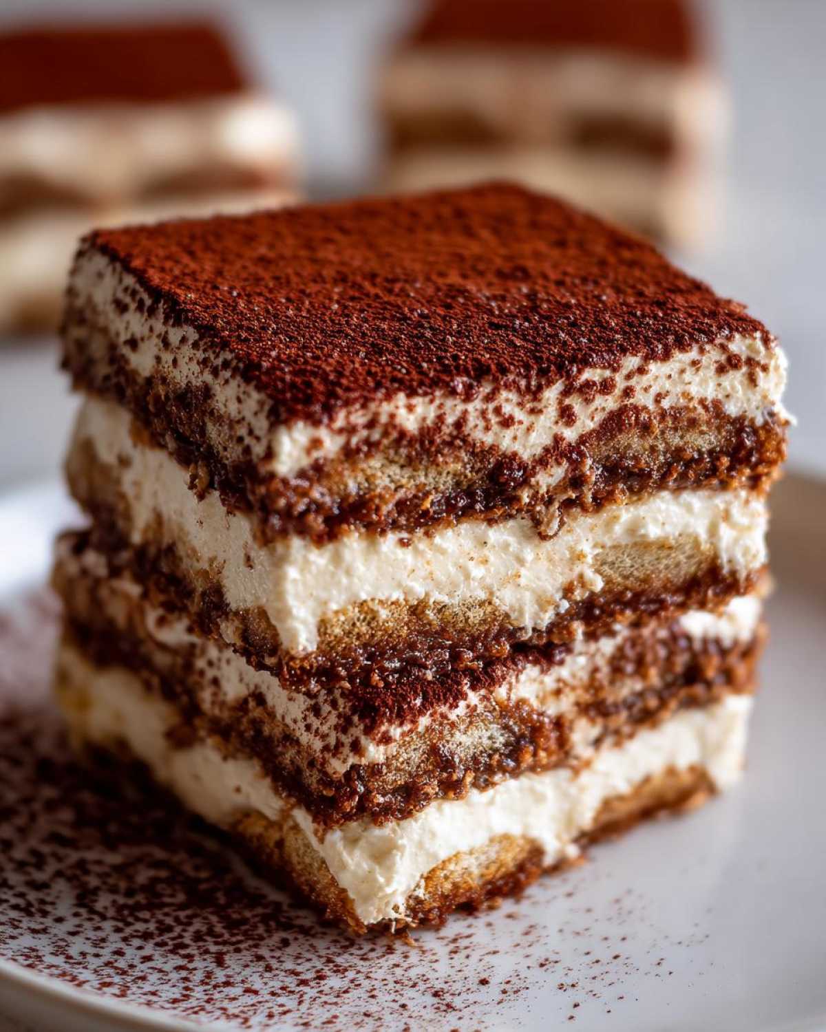 Close-up of a layered slice of tiramisu recipe, dusted heavily with cocoa powder.