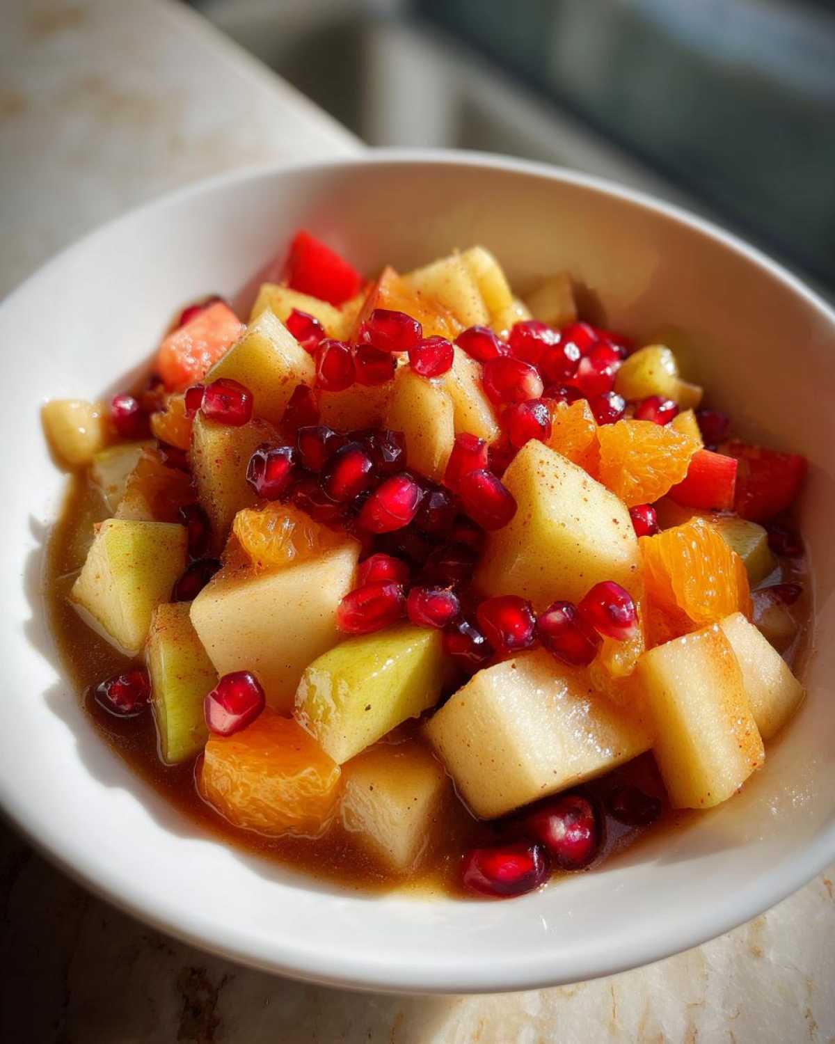Close-up of a white bowl filled with diced apples, orange segments, and bright red pomegranate seeds in a spiced syrup, making an amazing winter fruit salad.