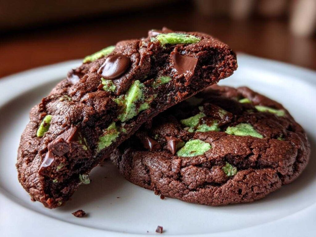 Close-up of two rich, dark chocolate andes mint cookies, one broken in half showing a gooey center.