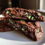 Close-up of a gooey, chocolate andes mint cookies cut in half showing melted chocolate chips and green mint pieces.