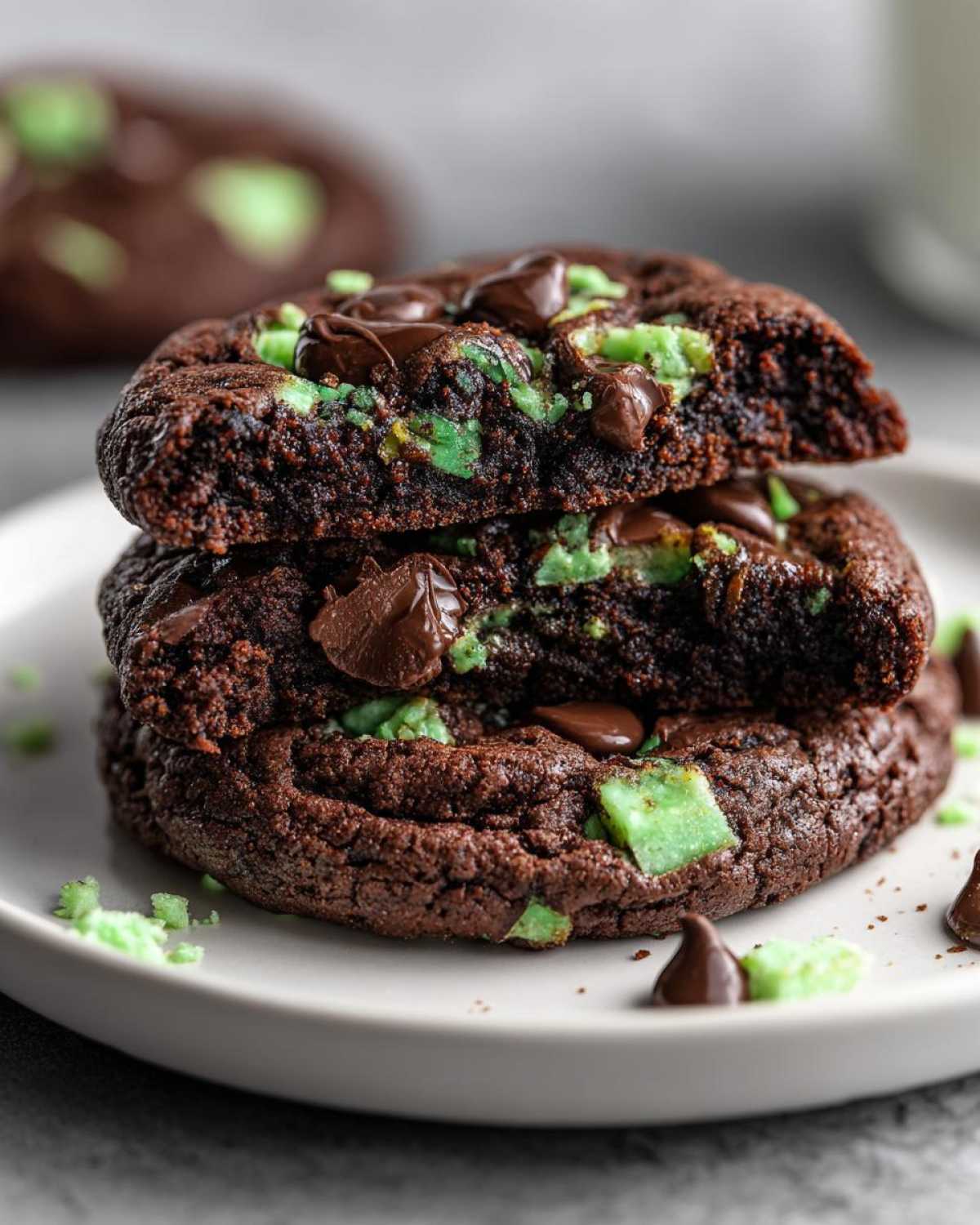 Close-up of two stacked, fudgy chocolate andes mint cookies, showing melted chocolate chips and bright green mint pieces.