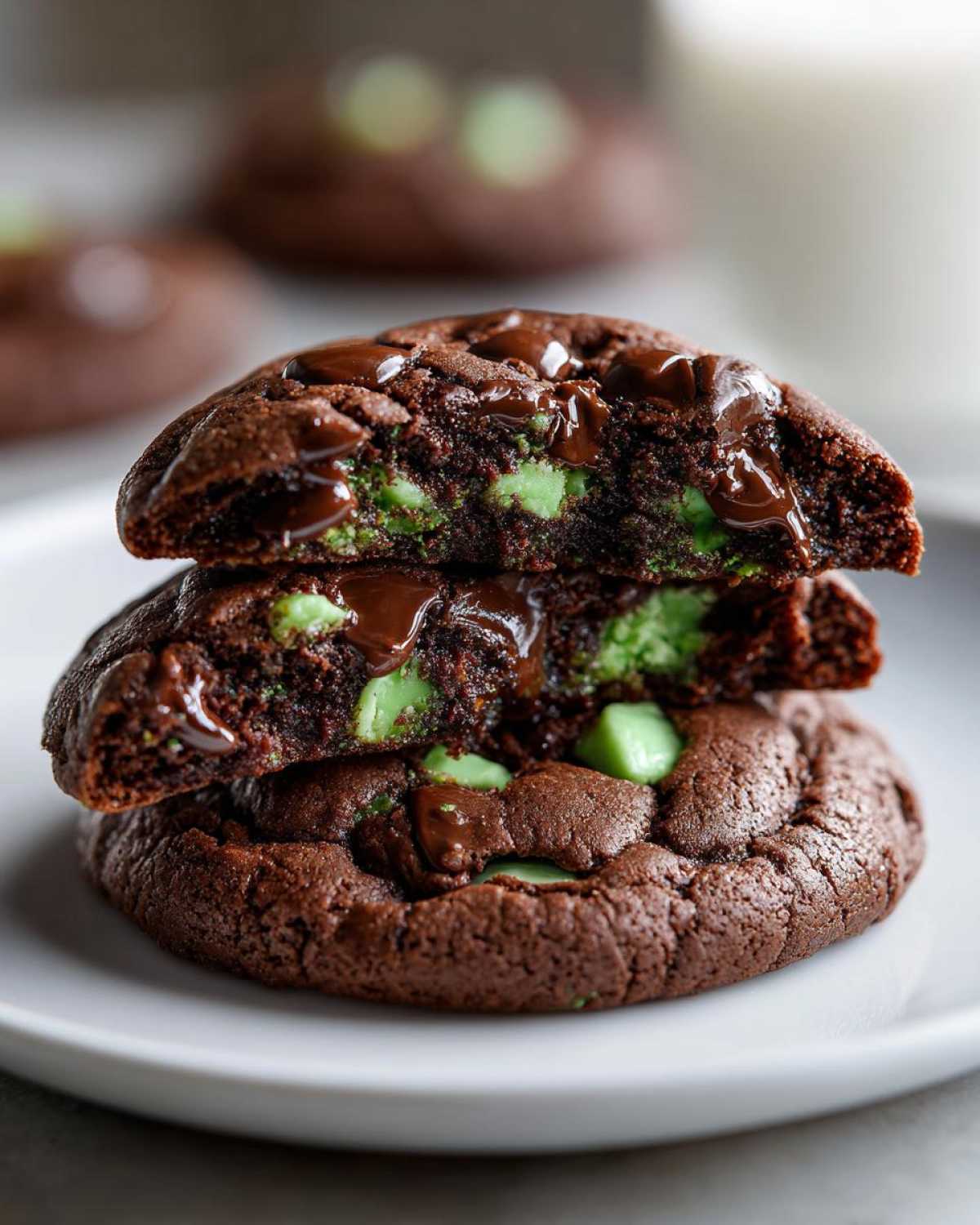 Close-up of two stacked, broken andes mint cookies showing gooey melted chocolate and bright green mint chips inside.