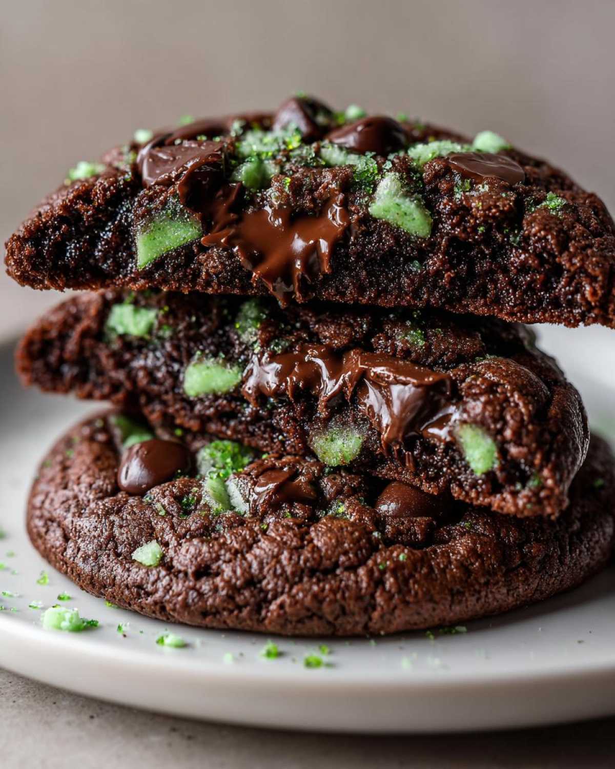 Close-up of stacked, gooey Andes mint cookies showing melted chocolate and green mint pieces.