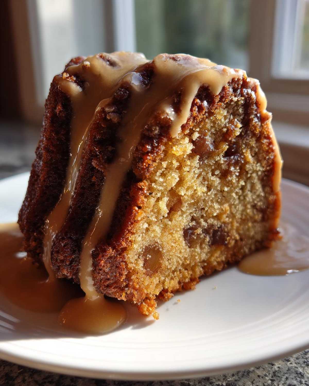Close-up of a moist slice of apple bundt cake topped with a rich caramel sauce on a white plate.