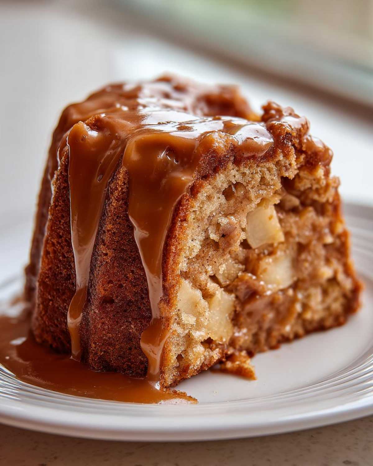 Close-up of a moist slice of apple bundt cake generously topped with rich caramel sauce.