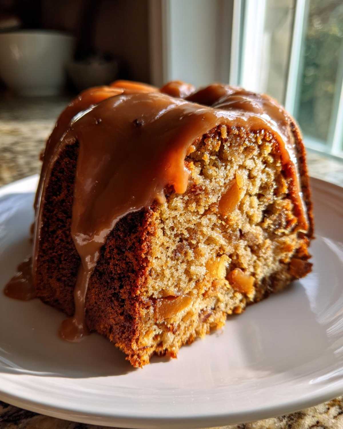 A close-up slice of moist apple bundt cake topped generously with dripping caramel sauce.