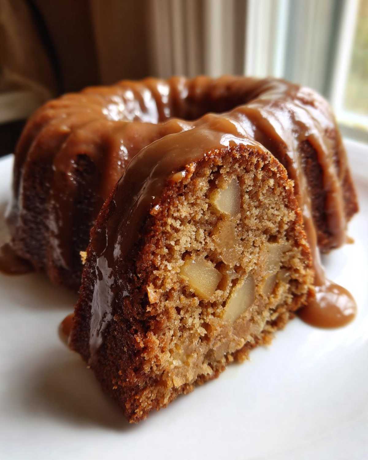 Close-up of a slice cut from an apple bundt cake, showing chunks of apple inside and covered in thick caramel sauce.