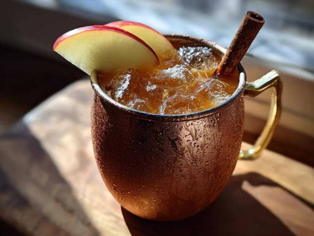 Close-up of a frosty copper mug filled with an apple cider moscow mule, garnished with apple slices and a cinnamon stick.