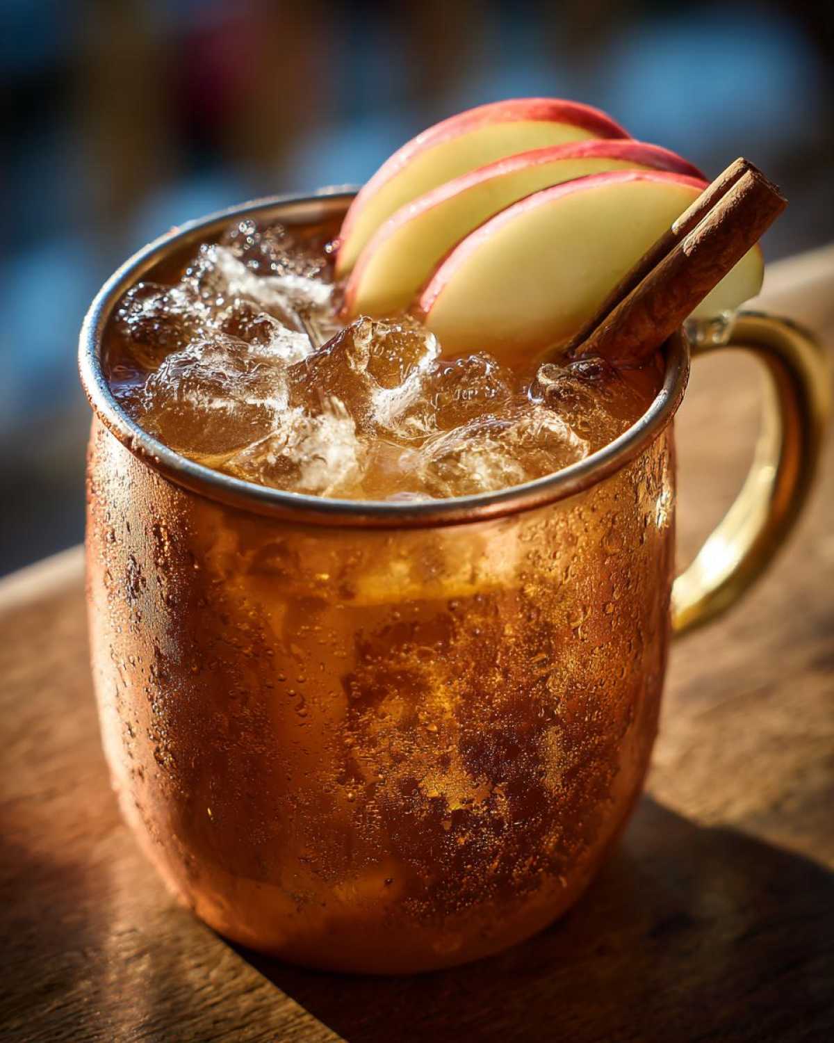 Close-up of a frosty copper mug filled with an apple cider moscow mule, garnished with apple slices and a cinnamon stick.