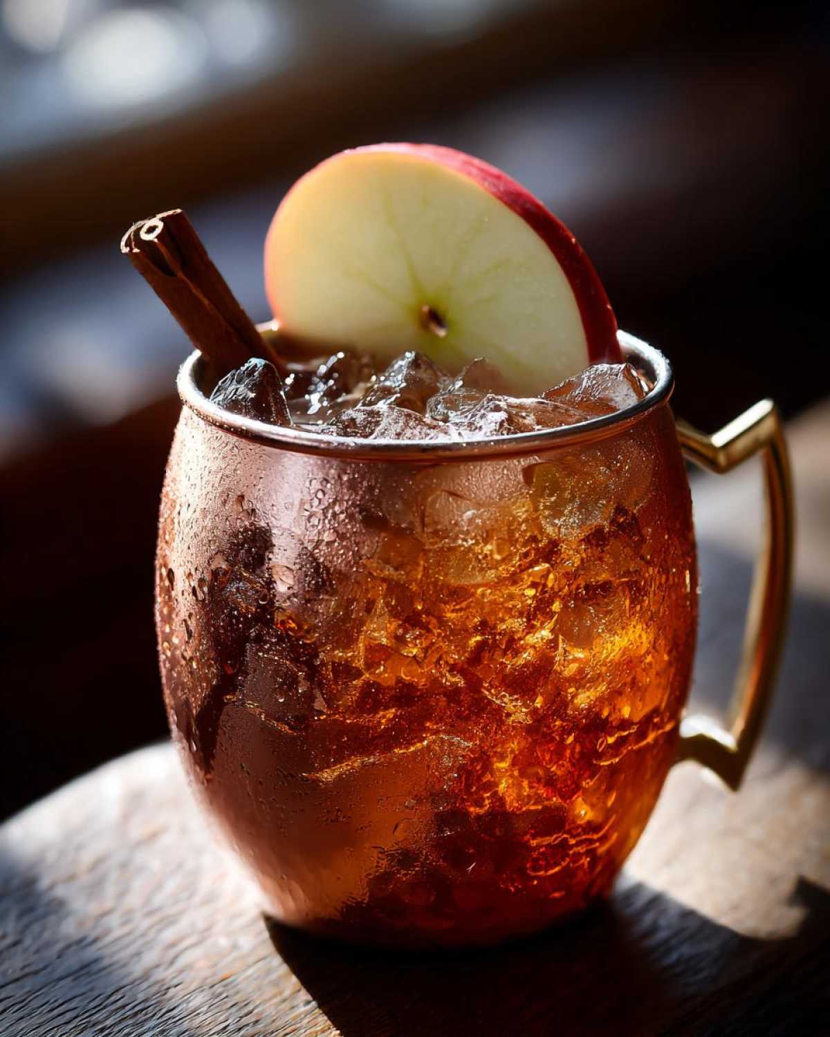 A frosty copper mug filled with an apple cider Moscow mule, garnished with a fresh apple slice and cinnamon stick.