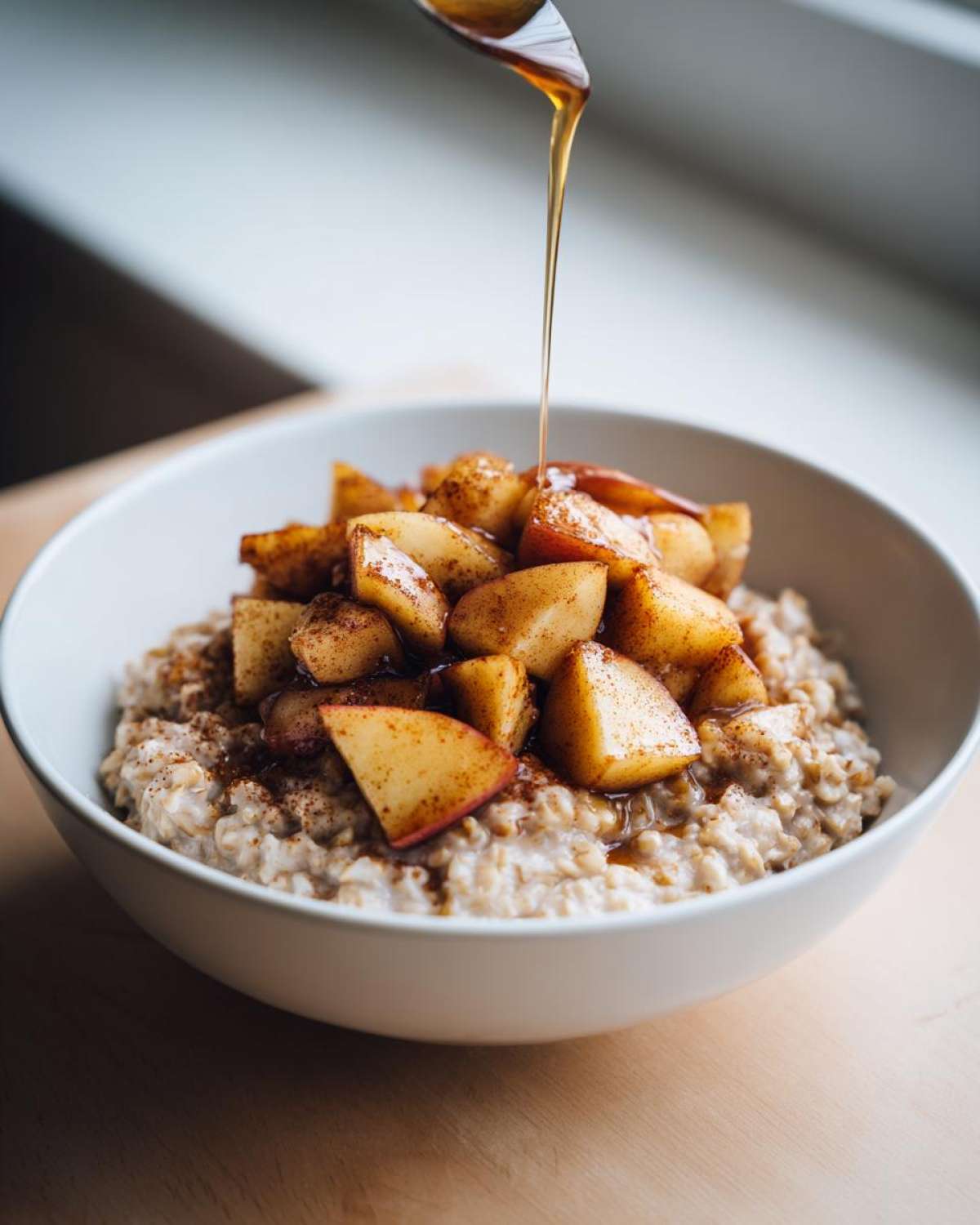 Close-up of apple cinnamon oatmeal topped with sautéed apples, receiving a drizzle of syrup.