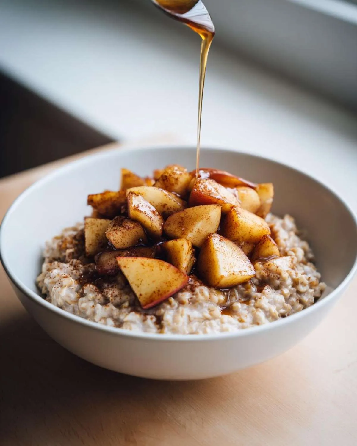 Close-up of apple cinnamon oatmeal topped with sautéed apples, receiving a drizzle of syrup.