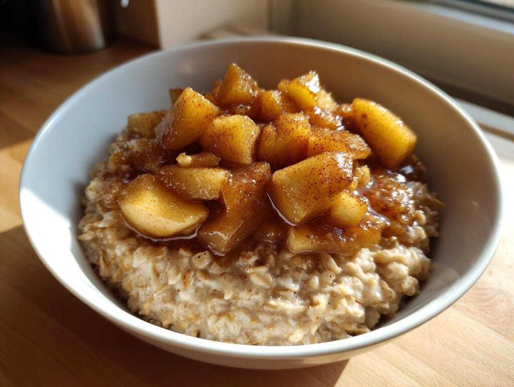 Close-up of a white bowl filled with creamy apple cinnamon oatmeal, topped generously with caramelized, spiced apple chunks.