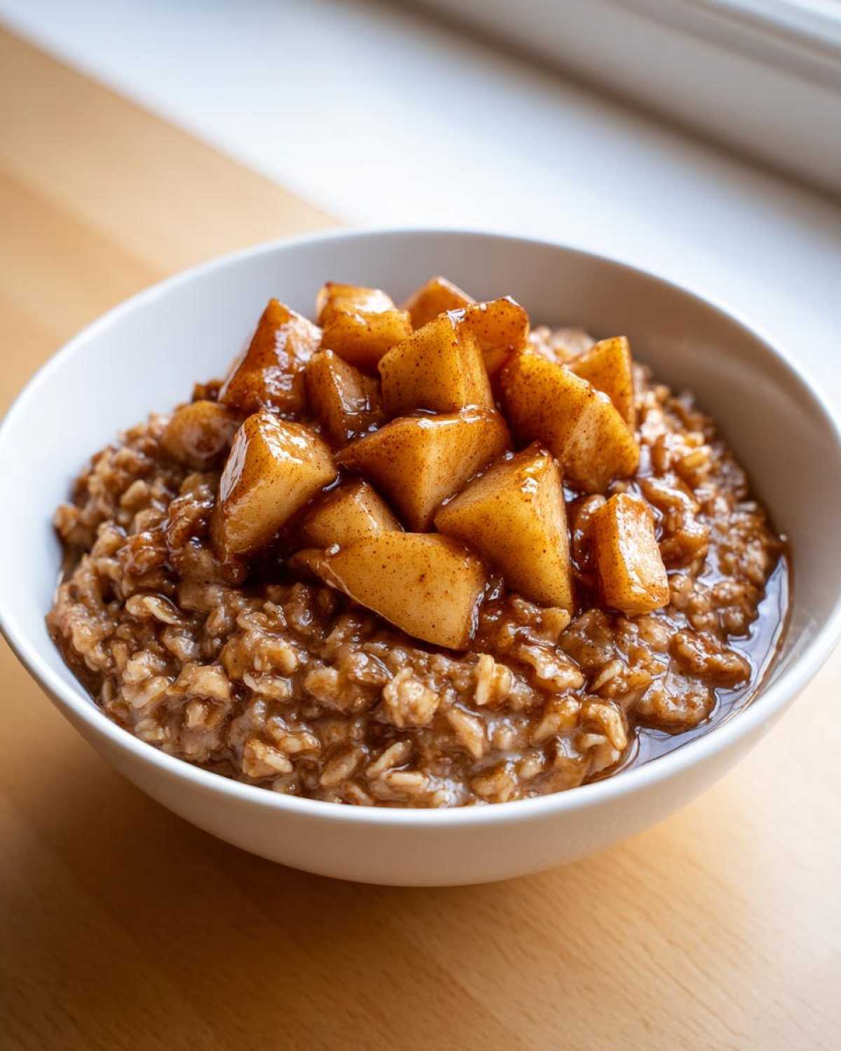 A white bowl filled with rich apple cinnamon oatmeal topped with caramelized, spiced apple chunks.