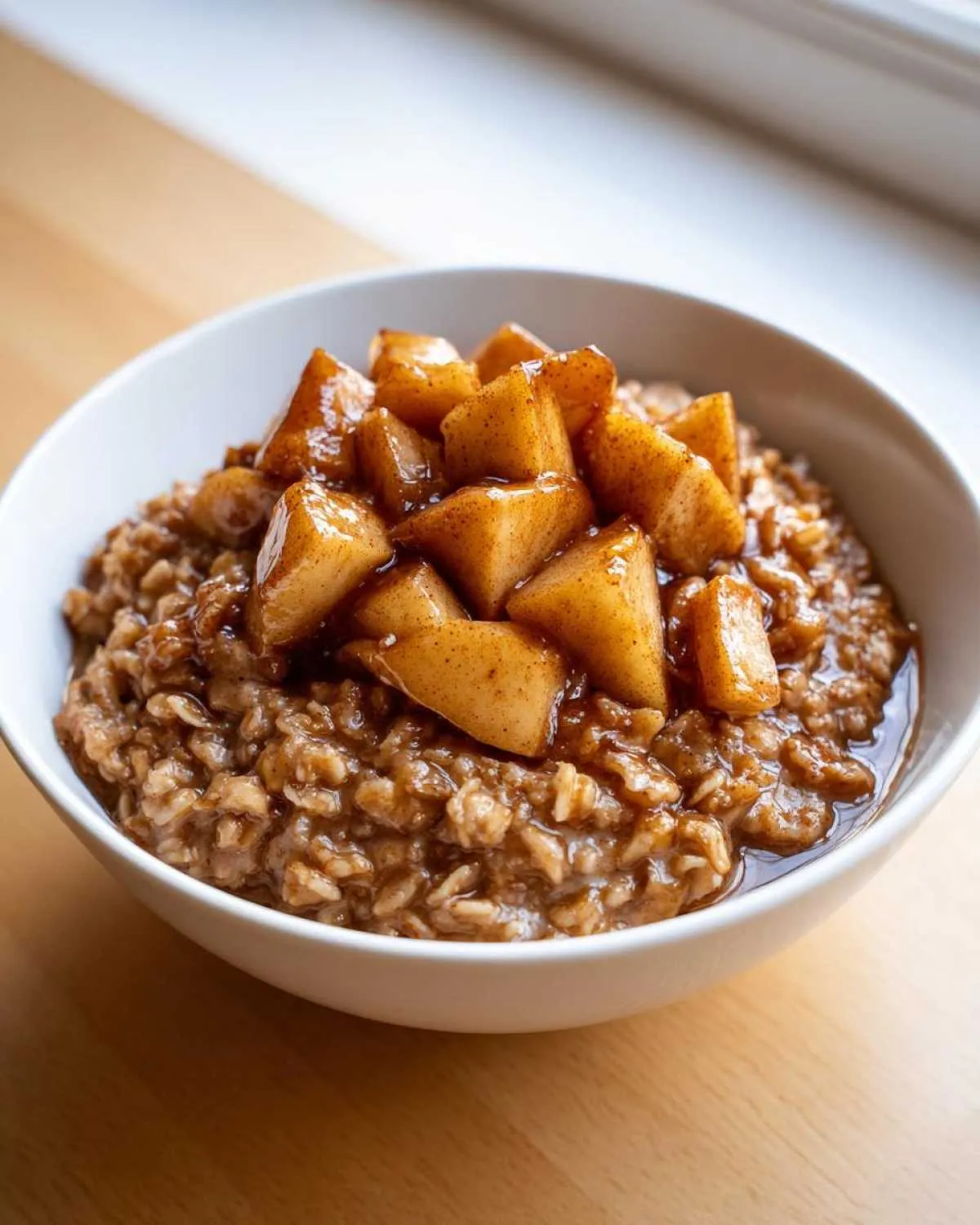 A white bowl filled with rich apple cinnamon oatmeal topped with caramelized, spiced apple chunks.