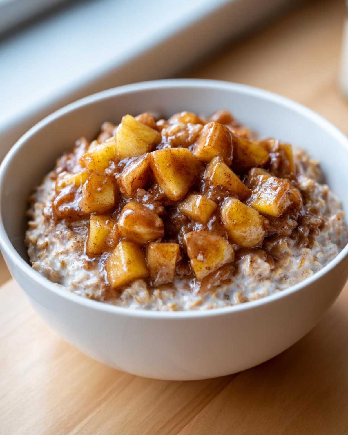 Close-up of a white bowl filled with creamy apple cinnamon oatmeal topped with caramelized, spiced apple chunks.