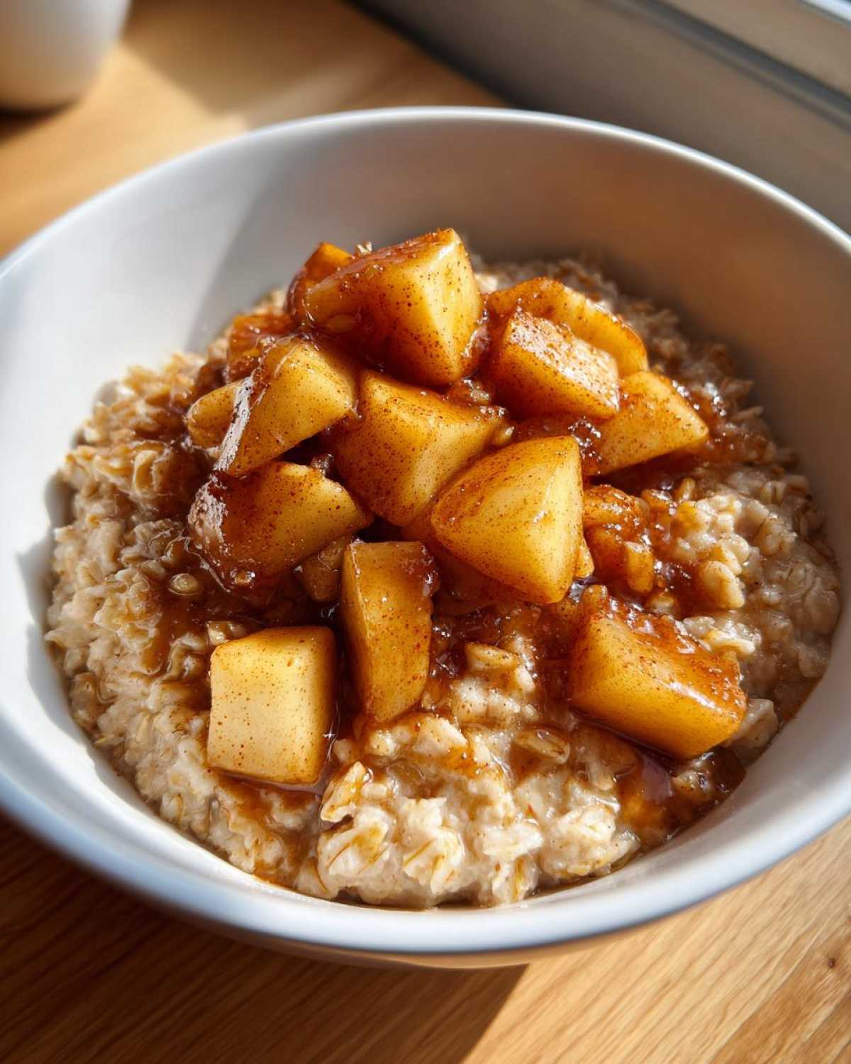 A close-up shot of creamy apple cinnamon oatmeal topped with caramelized, cinnamon-dusted apple chunks.