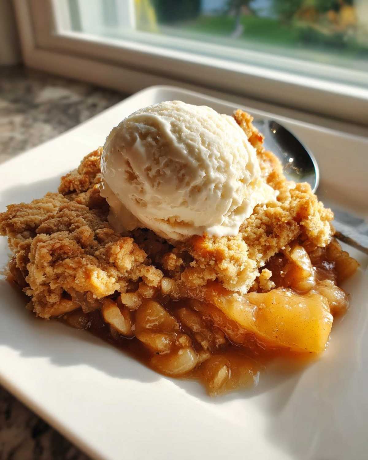 A warm slice of apple cobbler recipe topped with a melting scoop of vanilla ice cream.