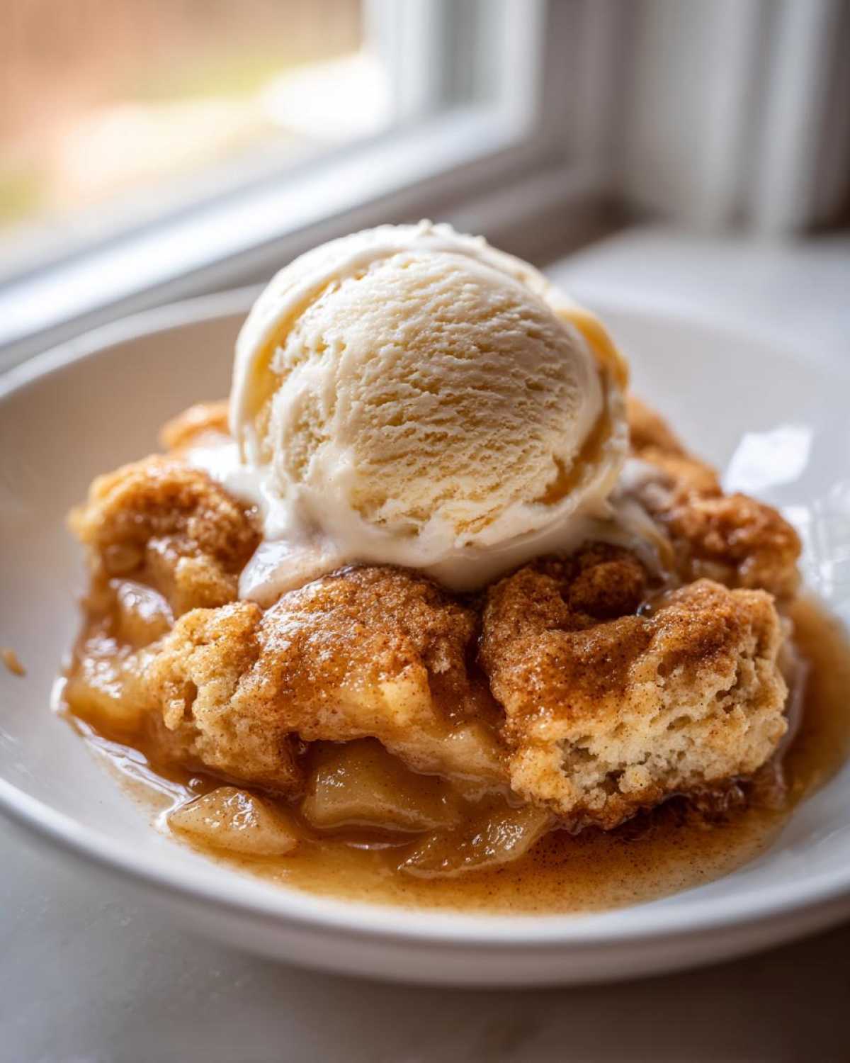 A warm serving of delicious apple cobbler recipe topped with a melting scoop of vanilla ice cream.