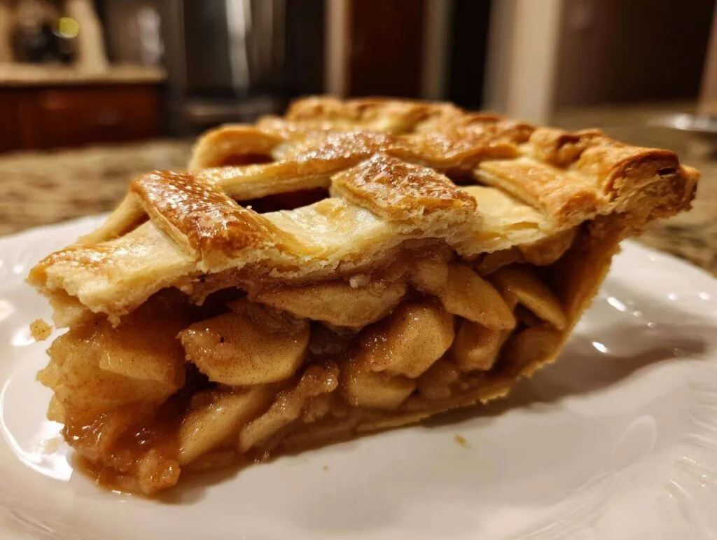 Close-up of a thick slice of apple pie recipe showing flaky lattice crust and cinnamon-spiced apple filling.