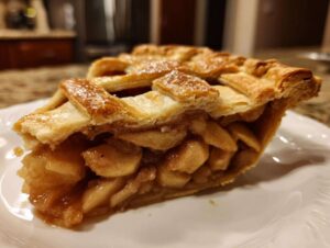 Close-up of a thick slice of apple pie recipe showing flaky lattice crust and cinnamon-spiced apple filling.