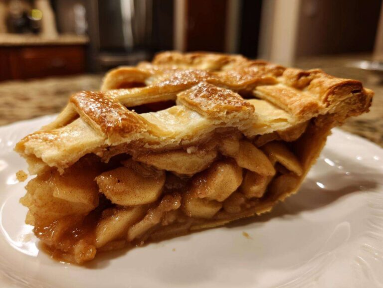 Close-up of a thick slice of apple pie recipe showing flaky lattice crust and cinnamon-spiced apple filling.