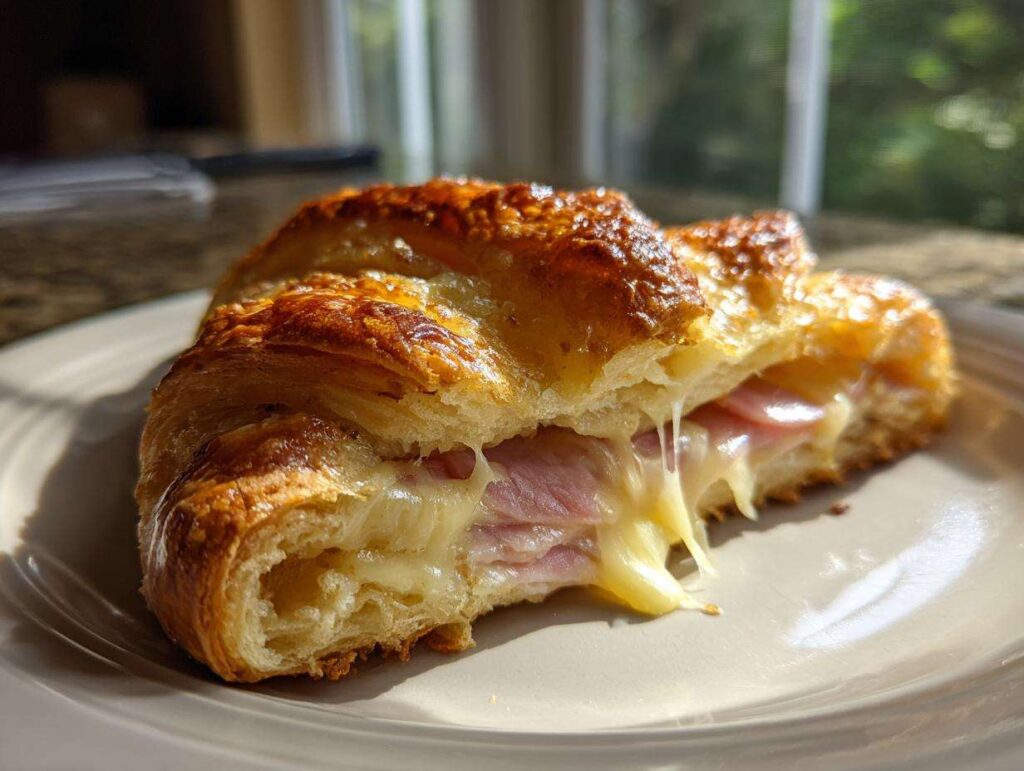 Close-up of a freshly baked ham and cheese croissant cut open, showing melted, gooey cheese stretching out.